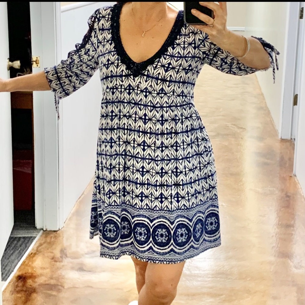 🌟Boho Roxy spring summer cold-shoulder blue/white pattern V- neck dress